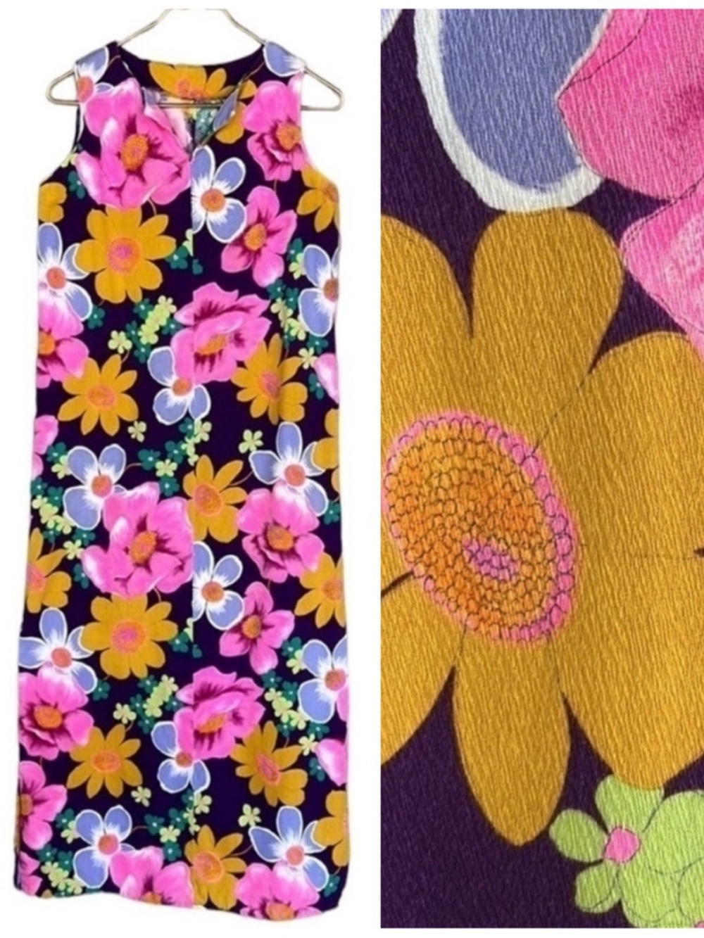 Vintage Handmade Floral Maxi Dress Purple Pink 70s Style Sleeveless
